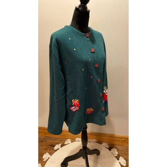 Vintage Fleece Green Jacket Unique Gift Buttons Appliqué Christmas Scene Sz 2X - Picture 4 of 10